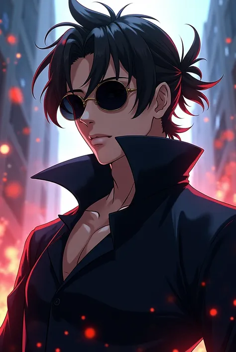 And a man similar to Satoru Gojo has messy tied dark brown hair with round sunglasses with a black high wide collar shirt in anime style