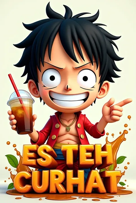 4D caricature of a big head of Luffy. He is holding iced tea with a straw from a plastic cup in right hand, and the left hand pointing the cup. Below him, there is a giant writing "ES TEH CURHAT" in cheerful letters and correct spelling. The colorful backg...