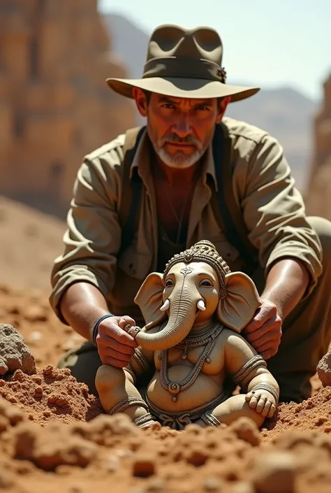 Archaeologist dressed like the hero of the movie Indiana Jones excavating an ancient site found an ancient ganesha statue. Realistic, high-definition photos.