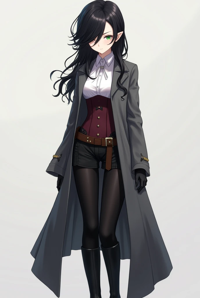 A female elf character, anime. Young and serene appearance of hair down to below the shoulders, wavy and dark, black, with an asymmetrical hairstyle that partially covers one side of her face. His eyes are a deep green color. He is wearing black clothing t...