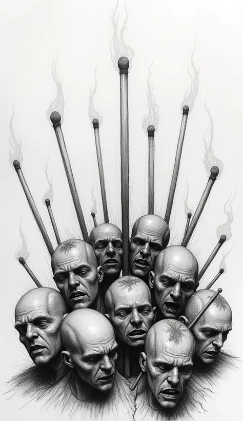 their heads burn like matches, some are burning, some are already burnt, concept art::1
grayscale, pencil drawing, rough hatching::1