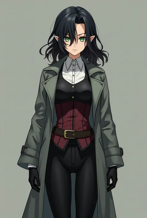 A female elf character, anime. Young and serene appearance of hair down to below the shoulders, wavy and dark, black, with an asymmetrical hairstyle that partially covers one side of her face. His eyes are a deep green color. He is wearing black clothing t...