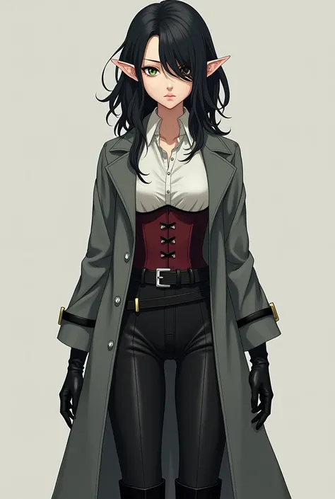 A female elf character, anime. Young and serene appearance of hair down to below the shoulders, wavy and dark, black, with an asymmetrical hairstyle that partially covers one side of her face. His eyes are a deep green color. He is wearing black clothing t...