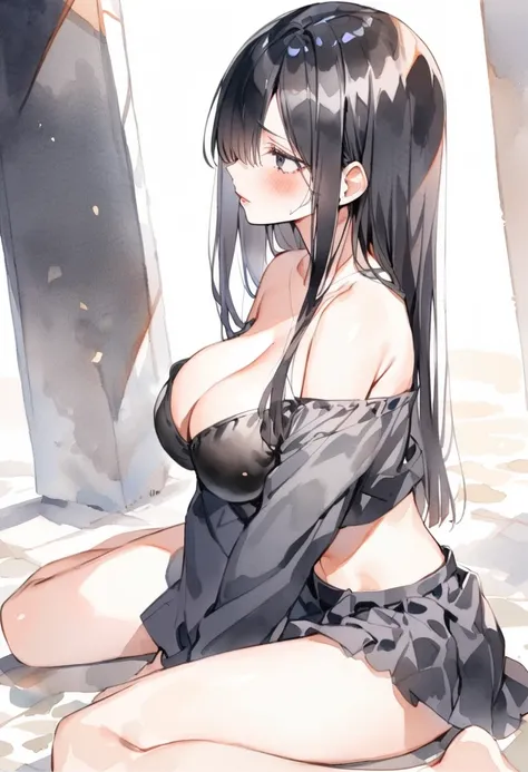 watercolor, From the side, , One person, Black Hair,Hair on one eye, Straight hair, black eye, Rouge Lip, tsurime,Black Christian School Off-the-Shoulder Costumes,Black Bikini,cleavage,The embarrassed middle breast, wariza, Place your hands between your le...