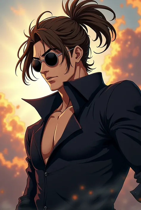 And a man similar to Satoru Gojo has very messy hair tied in a brown ponytail with round sunglasses with a black shirt with a high collar and wide in the anime style