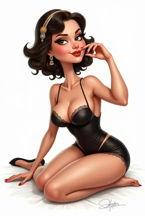 Caricature of a woman, 1920s hairstyle ,sexy pin-up pose, lying pose, full body, white background