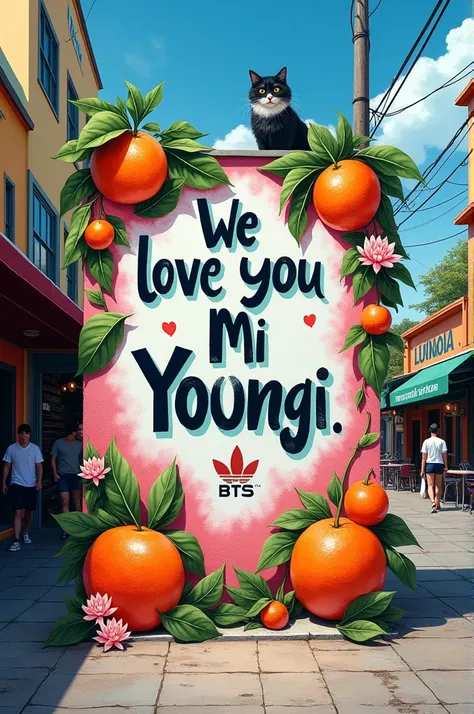 Wall on Brazilian street says &#39;we love you Mi Yoongi&#39; and BTS. Place drawings of tangerines, cat and small lotus flowers .