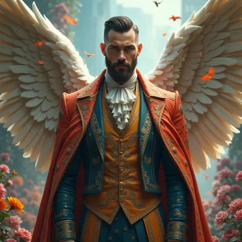 a man with short hair, barba, looking straight ahead, Magic place, fancy dress, pop clothes, realisitic, hiper realisitic. wings, fully body.