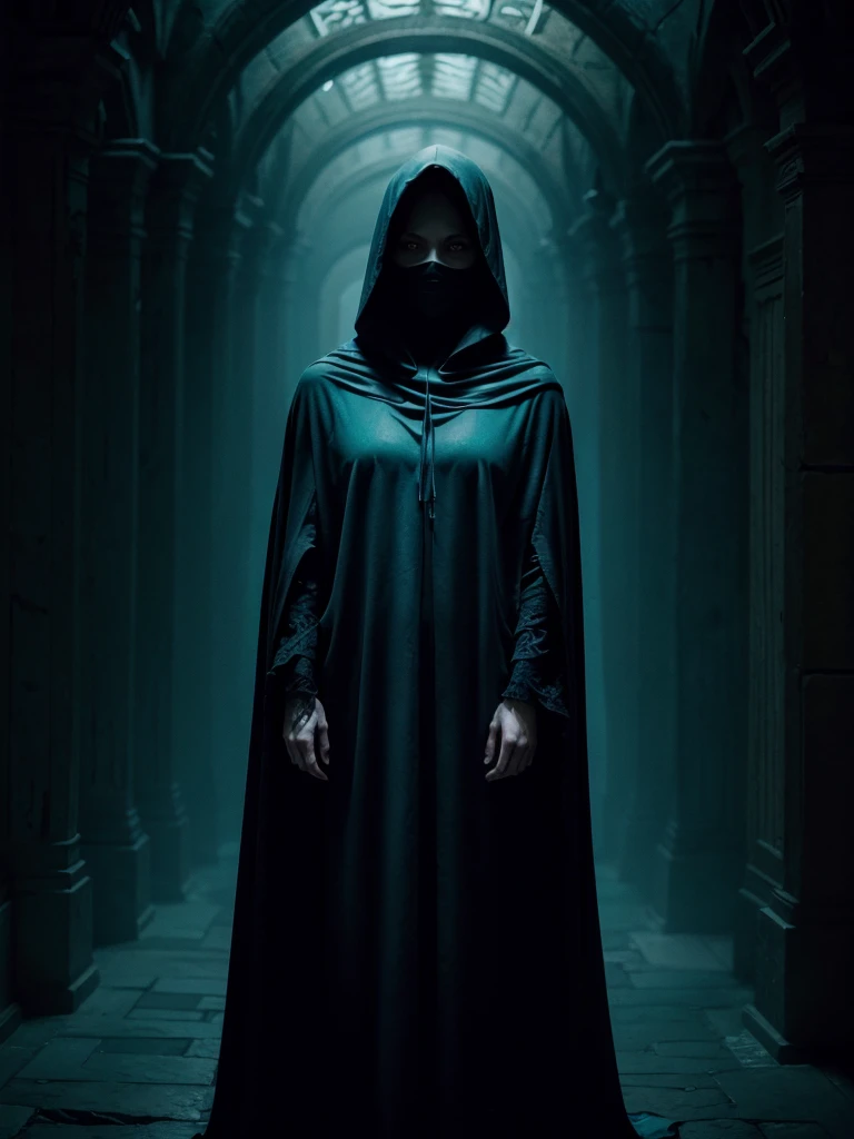 A mysterious hooded figure cloaked in darkness, standing in the center of an ancient, dimly lit corridor. The atmosphere is eerie, with soft turquoise and teal light shining from above, casting shadows around the figure. The background features old stone a...