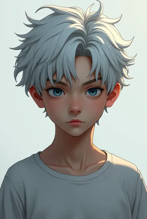 Boy over  with a serious attitude, white hair with curls, blue eyes, low shine, not so much with a t-shirt