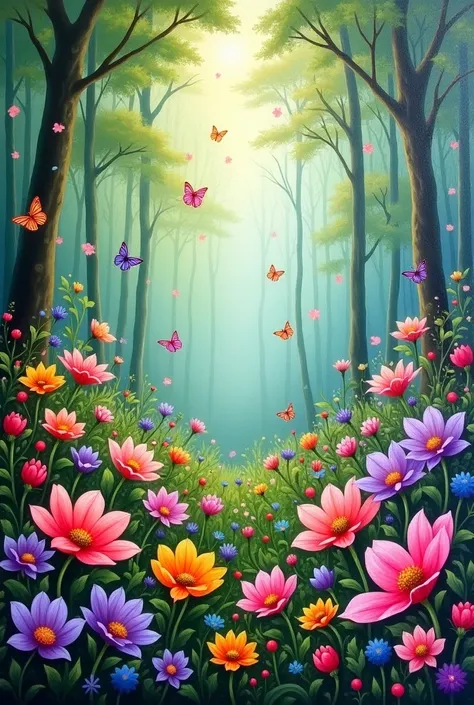 Some only  Flowers in forest painting only flowers no tree but butterflies hona chahiye only only flowers monsoon season