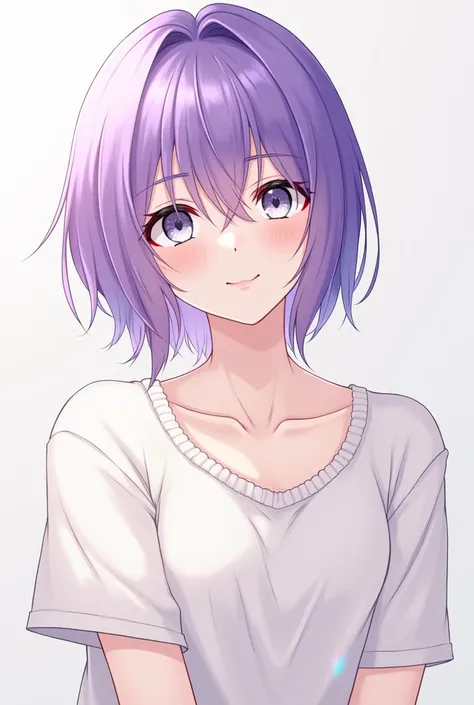 Short feminine male, purple hair, grey eyes, uwu, adult