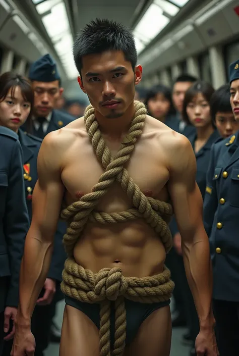 1boy、Handsome Men、Japanese male, 、Completely naked、Full nudity、erection、Huge penis、Highest quality、Realistic、beautiful、Sad look、 ((((Completely tied up with rope)))), ((((A very tight rope is crisscrossed over the chest)))),(((Body bound with tight rope)))...