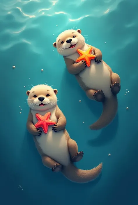 Top-down view of a serene ocean scene where playful sea otters float together, each gently holding a vibrant sea star. The otters are surrounded by the calm blue waters, with their soft fur glistening in the sunlight. The sea stars they hold are brightly c...