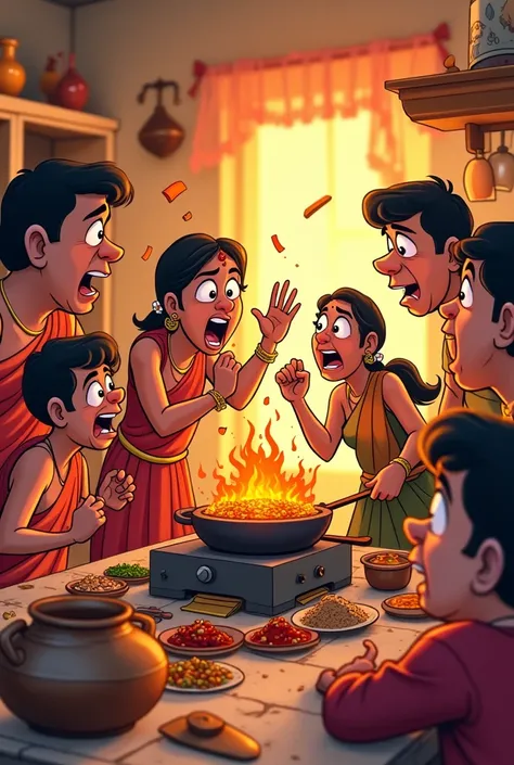 Make me a YouTube thumbel video where a Big family including mother-in-law, daughter-in-law and other fighting ferociously members in cartoon characters is standing in the kitchen in Indian cultural 