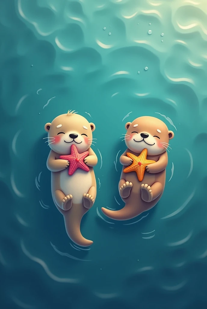 Top-down view of a serene ocean scene where playful sea otters float together, each gently holding a vibrant sea star. The otters are surrounded by the calm blue waters, with their soft fur glistening in the sunlight. The sea stars they hold are brightly c...