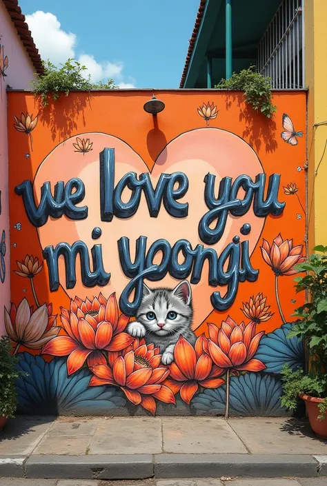 Wall on a Brazilian street with graffiti saying &#39;we love you Mi Yoongi&#39; and BTS, with tangerine graphite drawings, lotus flowers and a drawing of a kitten. 