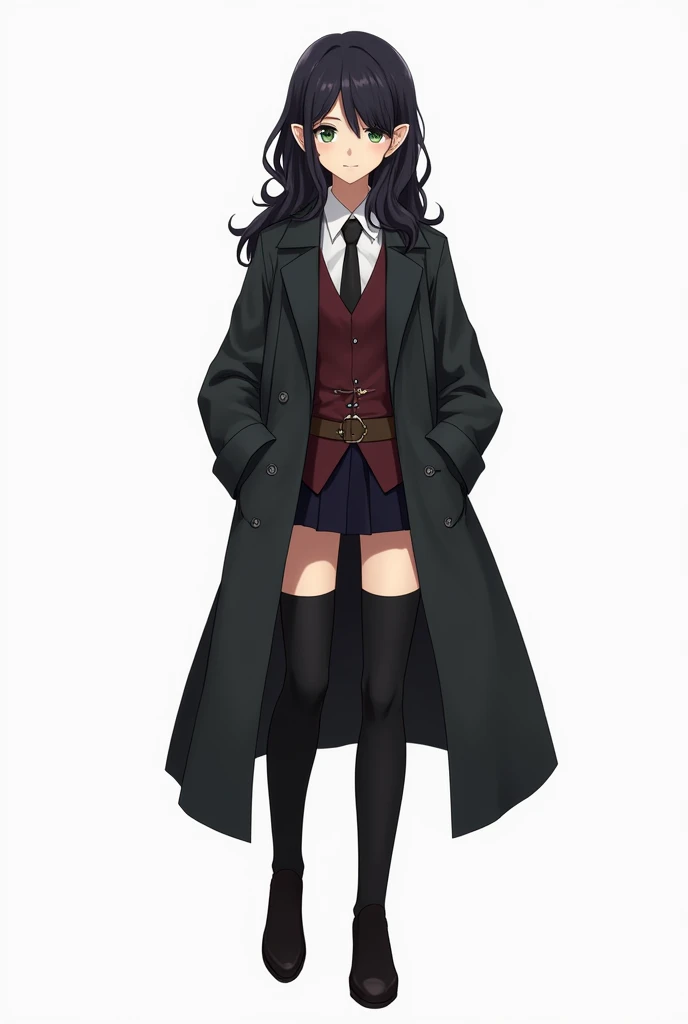 A female elf character, anime. Young and serene appearance of hair down to below the shoulders, wavy and dark, black, with an asymmetrical hairstyle that partially covers one side of her face, His right eye. His eyes are a deep green color. He is wearing b...