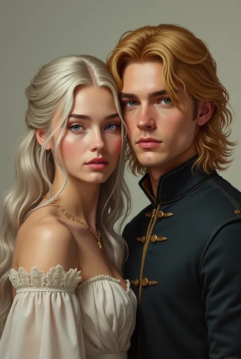 Create the image of a Targaryen woman next to a Jaime Lannister man, of golden hair. Both boys are 20 years old. 