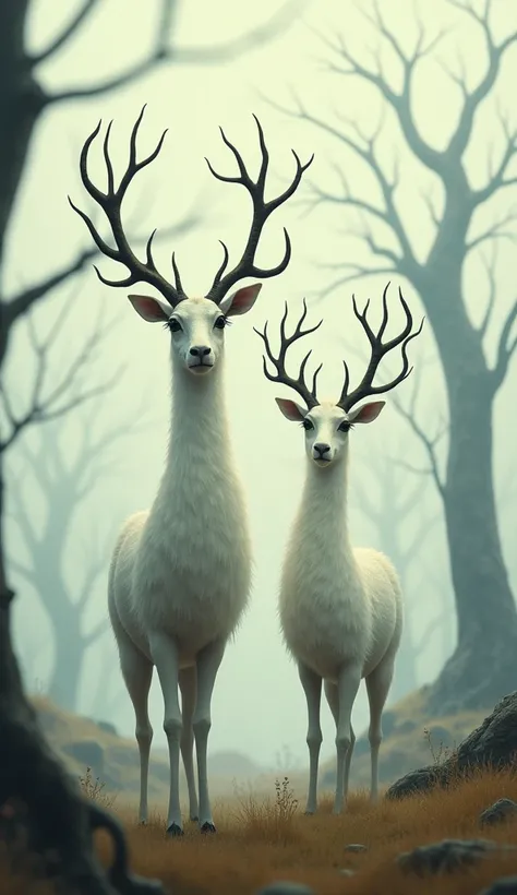 A pair of fantastical creatures with long necks and large antlers, standing in a foggy field among dead trees. They have white fur and black eyes, depicted in a cartoon style in the style of Jon Klassen and Atey Ghailan.