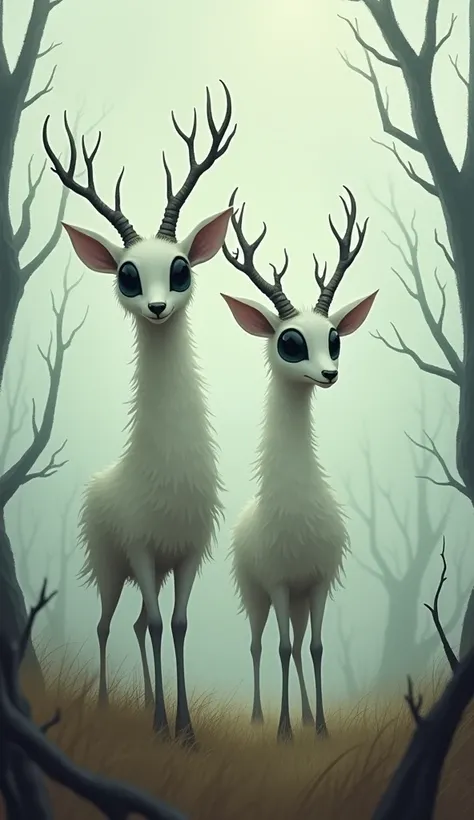 A pair of fantastical creatures with long necks and large antlers, standing in a foggy field among dead trees. They have white fur and black eyes, depicted in a cartoon style in the style of Jon Klassen and Atey Ghailan.