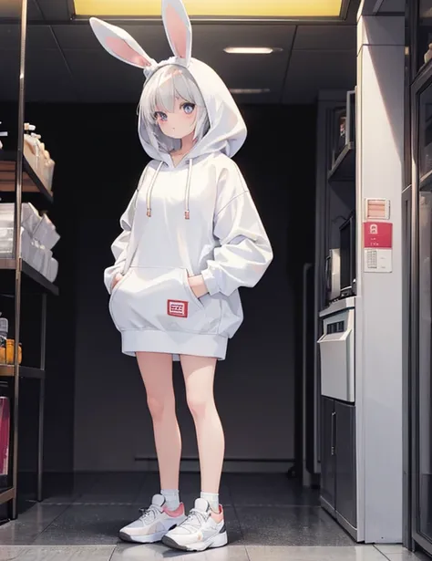 1 female,White Bunny Hoodie,Het Fong,Black and white sneakers,Are standing,whole,Expose,