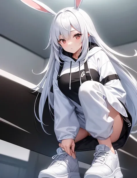 1 female,White Bunny Hoodie,Het Fong,Black and white sneakers,Are standing,whole,Expose,