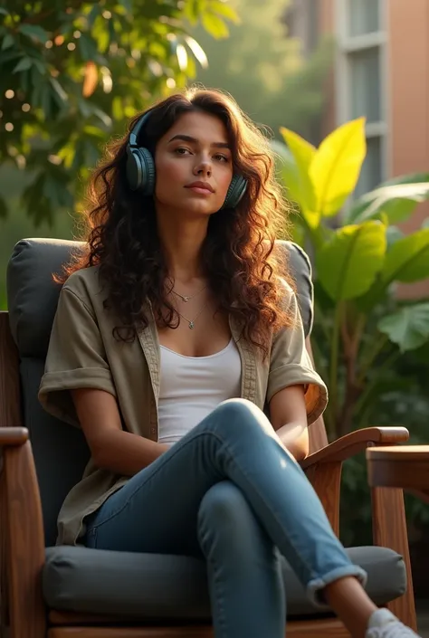 (photorealism:1.2), beautiful woman, sitting on chair, listening music with headset,wearing jeens shirt, skinned pants, long curly hair, outdoor, soft lighting, plants in background,  relaxed pose, realistic, intricate details, warm colors, 