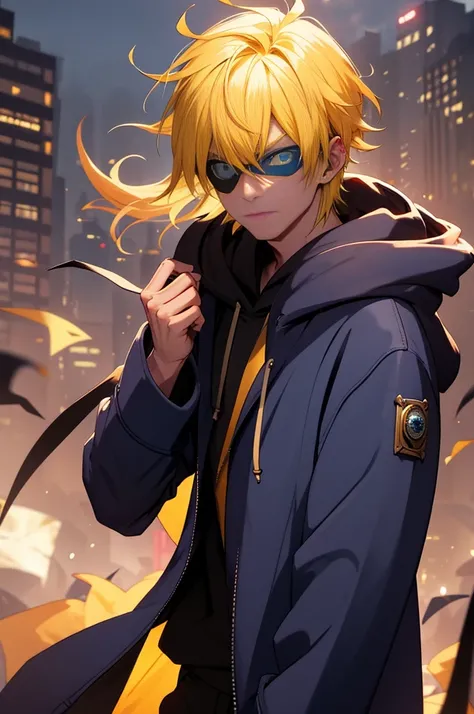 A man，Handsome, Bang, yellow hair, blue eyes, eyepatch, nightcity，Manhwa-Style, Sateen，(((Hoodie-coat large, Wizard Coat)))，Put your hands in your pockets