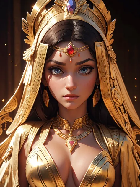 beautiful busty ancient Egyptian priestess woman, 1girl, ornate headdress, intricate jewelry, golden skin, piercing eyes, sculpted features, flowing robes, dramatic lighting, soft lighting, detailed facial features, realistic, photorealistic, (best quality...