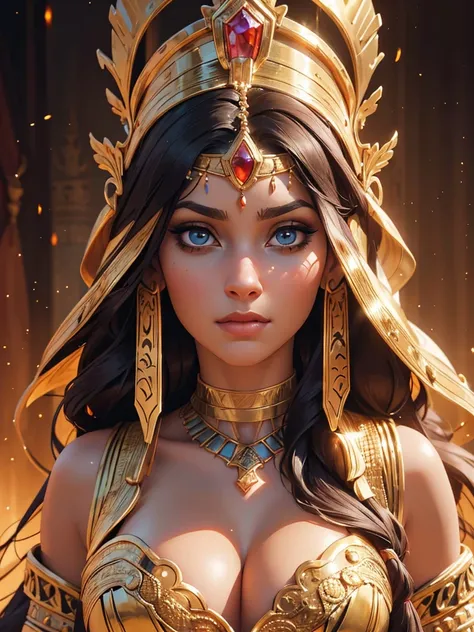 beautiful busty ancient Egyptian priestess woman, 1girl, ornate headdress, intricate jewelry, golden skin, piercing eyes, sculpted features, flowing robes, dramatic lighting, soft lighting, detailed facial features, realistic, photorealistic, (best quality...