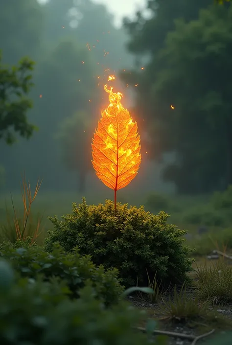 bush with the leaf on fire