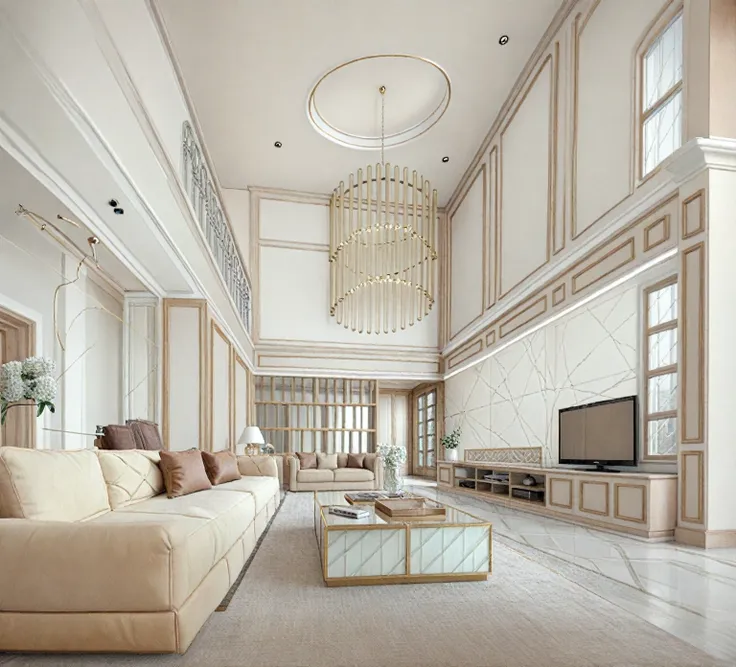 RAW photo, masterpiece, a view of a ( LIVING ROOM :1.3) with a couch, chairs, and a chandelier, highly detailed interior, neo - classical style, neoclassical style, neoclassicism style, interior architect architectural visualization, neoclassical style, in...