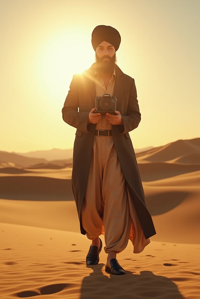 Sardar men holding camera  in desert with long shoes , jacket cinematic footage, sun rays ,