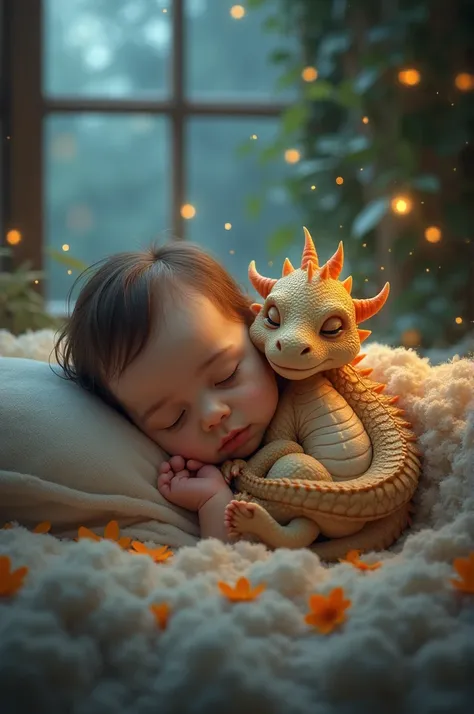 A baby sleeping with a baby dragon