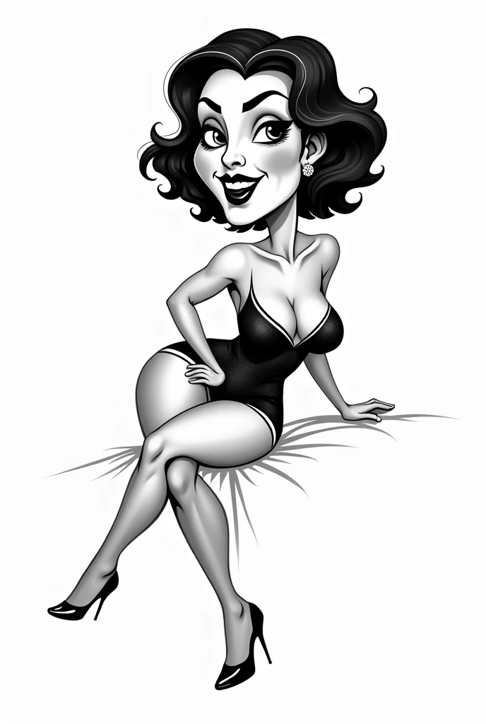 Caricature of a woman, with outlines, 1920s hairstyle ,sexy pin-up pose, lying pose, exaggerated body features, full body,  black and white, white background