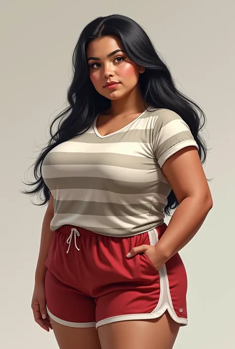  A single 3 woman, round face, thin eyebrows, rounded eyes, Wide nose, fine lips, long black hair, Full and wide body, short stature, clothing in sports shorts, large striped shirt, and her name is Miriam Camacho, small bust thinner 