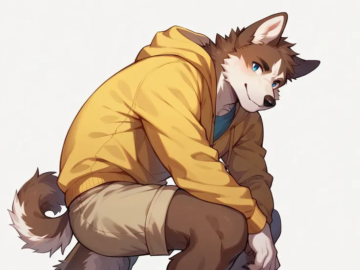 score_9, score_8_up, score_7_up, high quality, hires, anthro, male, husky, brown fur, brown ears, mostly white fur, blue eyes, yellow hoodie, brown shorts, white background,