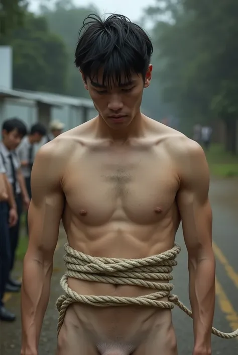 1boy、Handsome Men、Japanese male, 、Completely naked、Full nudity、erection、Huge penis、Highest quality、Realistic、beautiful、Sad look、 ((((Both arms were tied up with rope)))), ((((A very tight rope is crisscrossed over the chest)))),(((Body bound with tight rop...