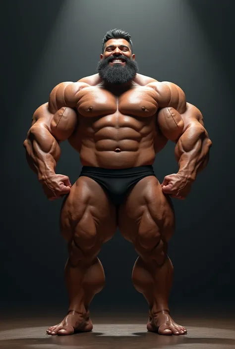 a 2 hairy and bearded Puerto Rican man posing on a stage with his arms raised and a smile on his face, body builder physique, Physicist exagerado, Physicist muscular exagerado, Mr. Universe, big fit ass, long, stark, Physicist |, corpo fitness ifbb, body b...