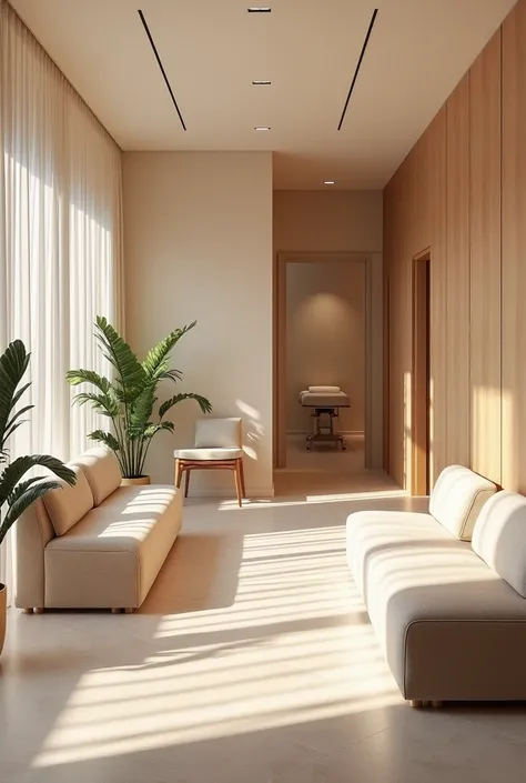 Layout of a beauty clinic with comfortable seating, a type of sofa in a waiting room which in the background is where the beauty service takes place, with a stretcher and a subtle door.. In addition, there is a space where the attendant is in the waiting r...