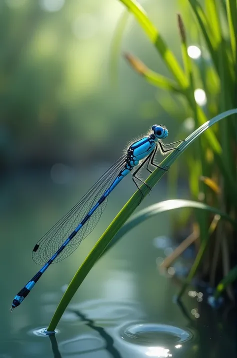  
"Generate a detailed and lifelike image of a Blue Damsel Fly resting on a reed or twig near a body of water. Highlight its bright blue body and delicate, veined wings."