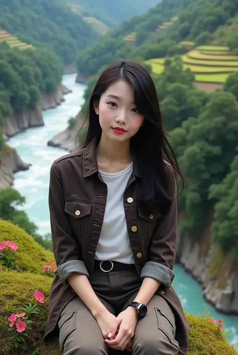 Beautiful Korean girl, smooth white skin, well-groomed face, long black hair. Dark brown jeans jacket, white t-shirt, cargo pants, cool black watch, sitting on a high mountain, in the background, visible from above is a river flowing fast from a waterfall....