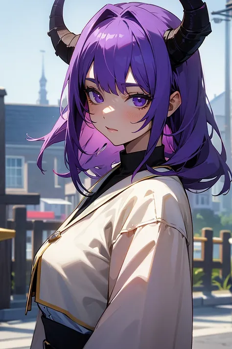 Female, Young adult, Violet Hair, Town Background, Horns