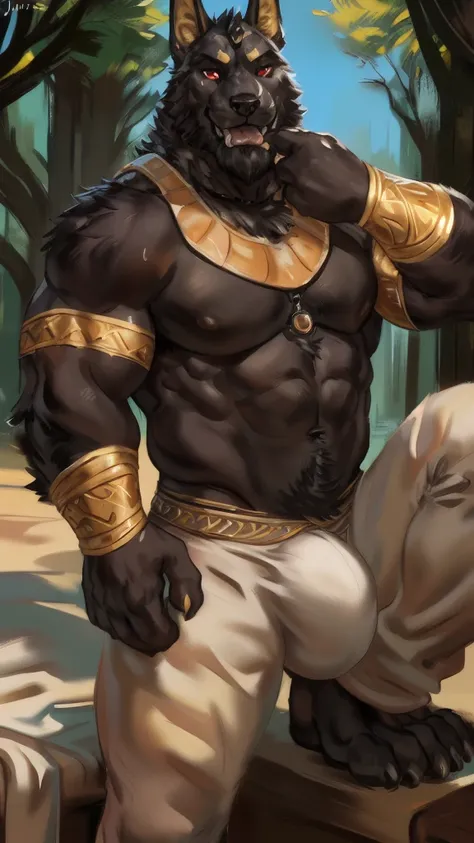 Daddy Anubis , black fur, drak fur, bitone, white chest fur, black beard, red eyes, realistic eyes, posted on e621, furry body, anthro body, anthro Anubis , claws on hands, old  realista Anubis , Climbing harnesses, Anubis in teeth , masculine, (very muscu...