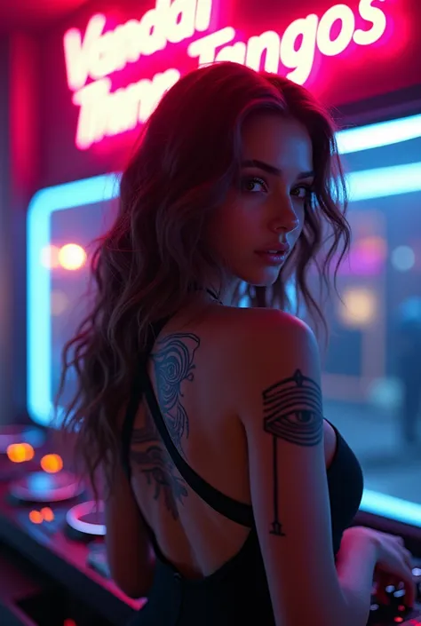 Futuristic DJ WOMAN wavy hair. He has an Egyptian tattoo "Eye of Horus" in the back. Add a bold neon sign "Vandal Tangos" In the scene.