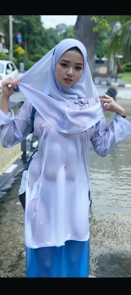 Malay women, wearing a modern Muslim hijab wet kebaya, wet dripping clothes, all covered, big breasts, perfect body, big thighs, small hips,