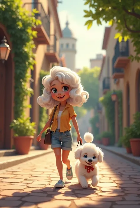 A white toy poodle puppy walking down the street with a woman