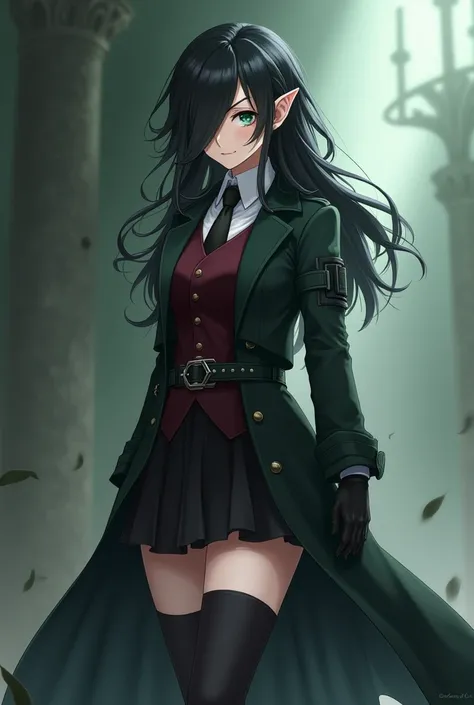 A female elf character, anime. Young and serene appearance of hair down to below the shoulders, wavy and dark, black, with an asymmetrical hairstyle that partially covers one side of her face, Her right eye is covered by her hair. His eyes are a deep green...