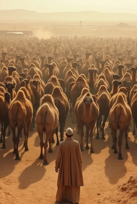 More than 200 riderless camels in a yard with their owner watching them from afar



